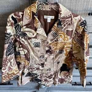 Coldwater Creek Abstract Print Button-Front Blazer in Brown, Cream & Mustard